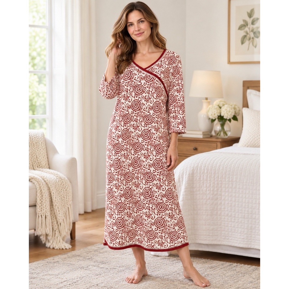 Garnet Hill Green Cotton Nightgown L Organic Cotton Floral Asian Wrap Red NWOT
